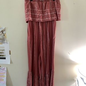 Strapless Jumpsuit- Pink - 70’s style Flare
